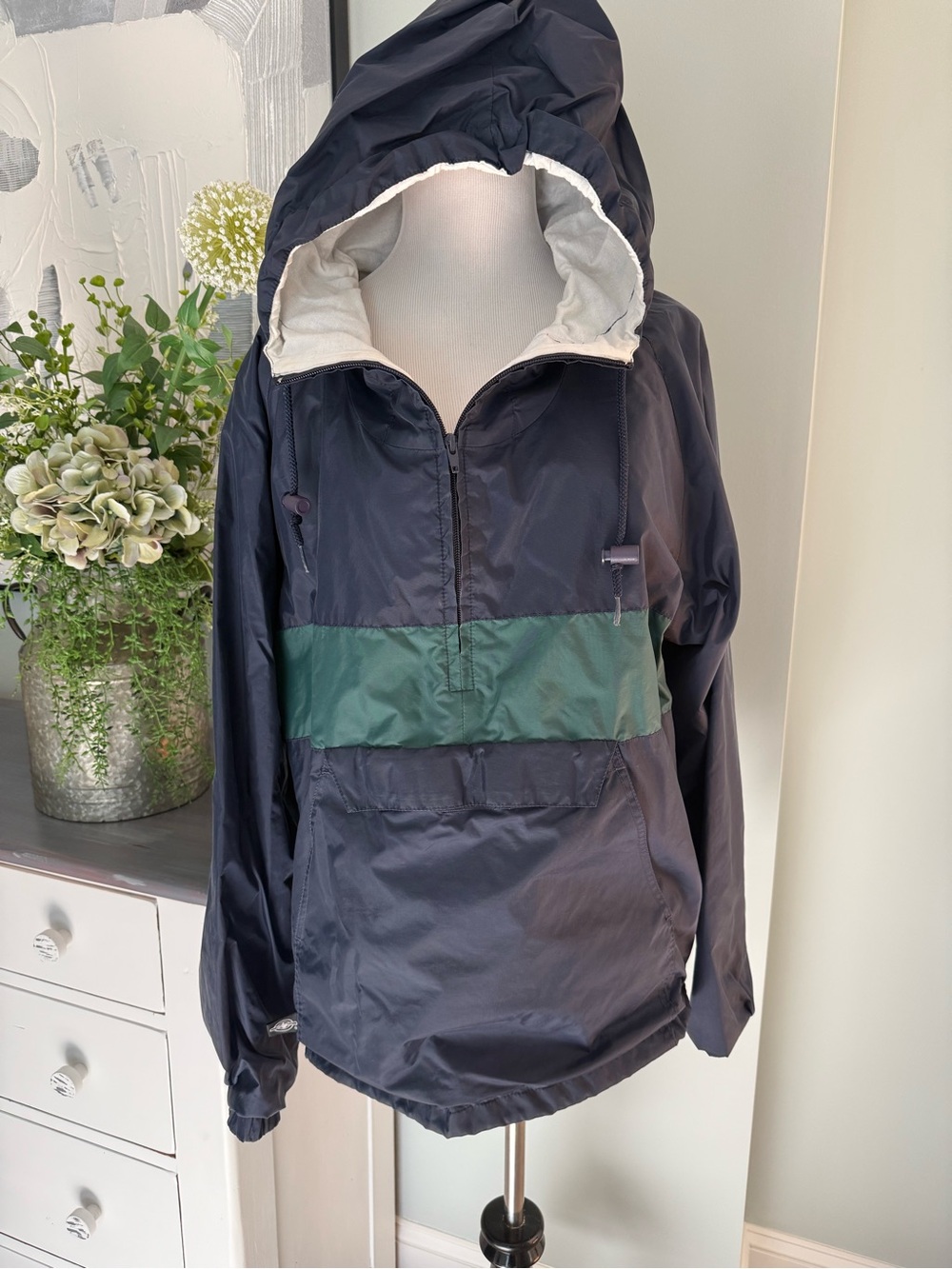 Vintage Charles River Navy Hooded Pullover Jacket with Green Stripe